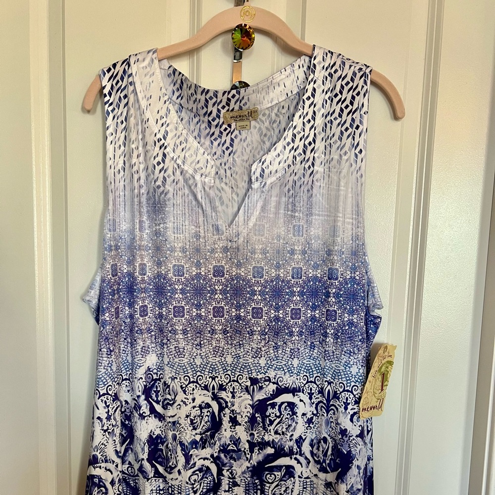 One World sleeveless top in shades of blue and white